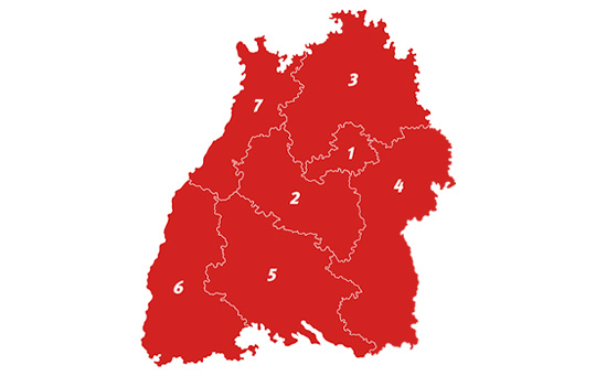 Karte mit den sechs Regionaldirektionen Lotto Baden-Württemberg