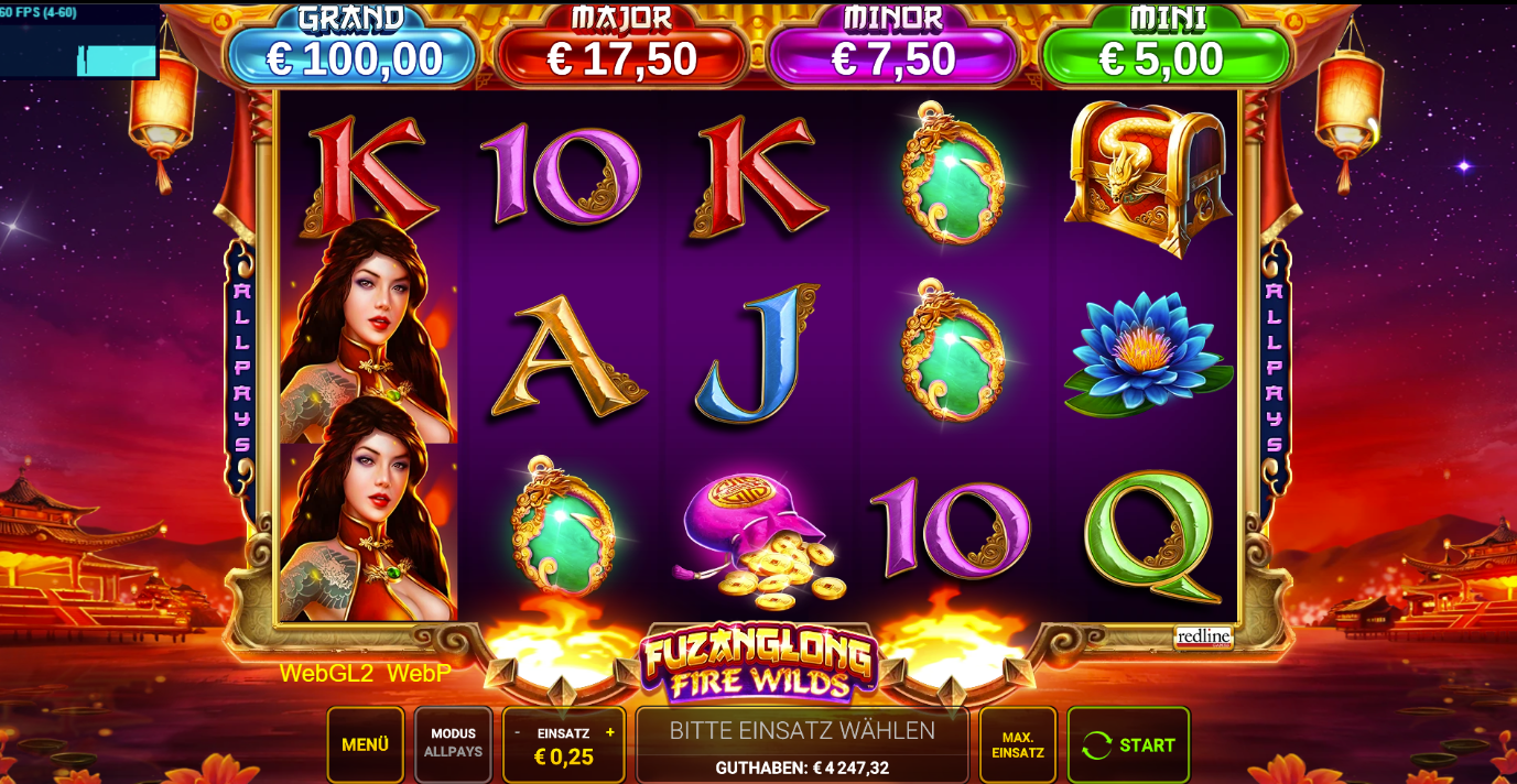 Fuzanglong-Fire-Wilds-Slot mit Drachen-Jackpots, Kartenwerten, Amuletten und Lotus.