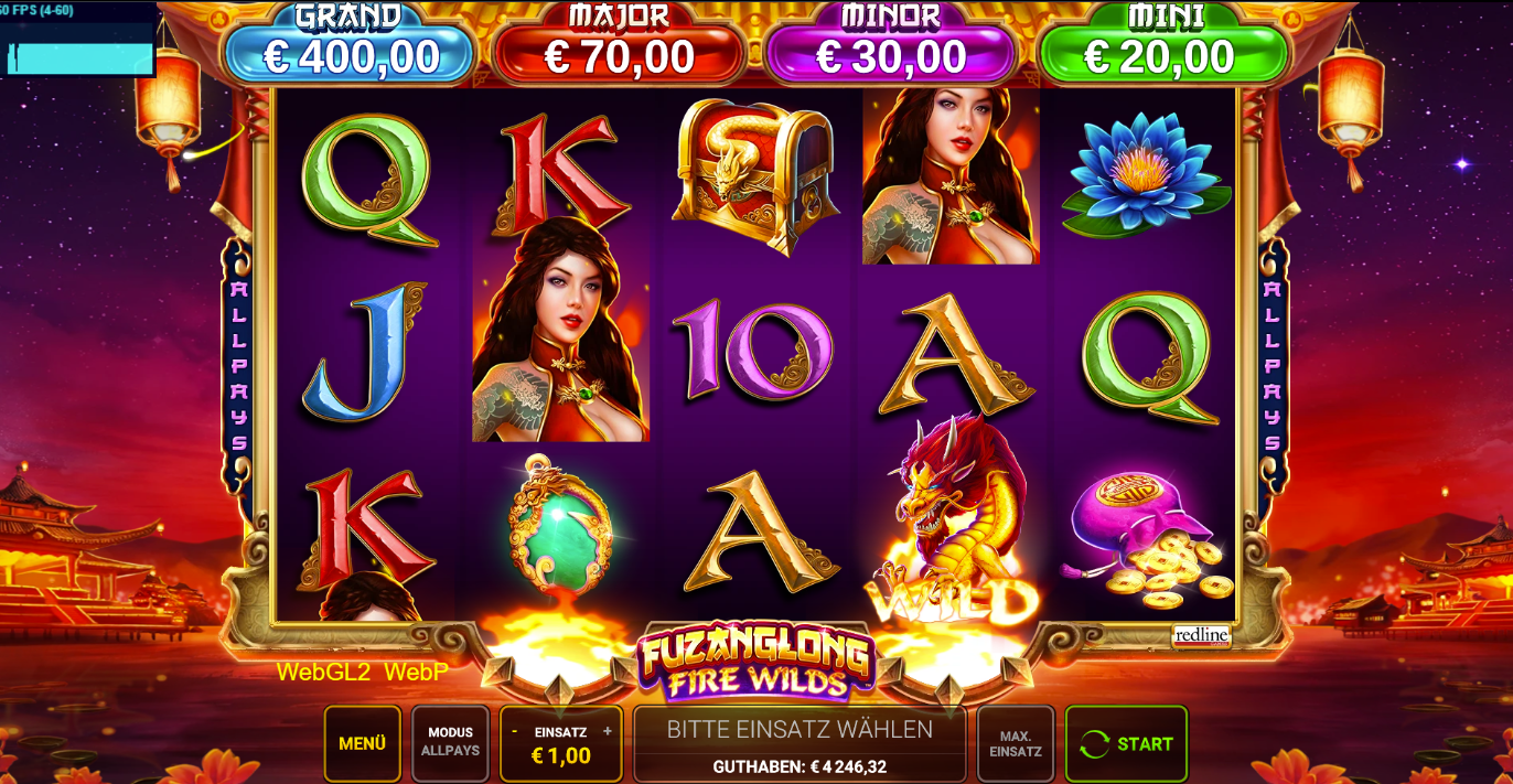 Fuzanglong-Fire-Wilds-Slot mit Drachen-Wild, Kartenwerten, Lotus und Truhe.