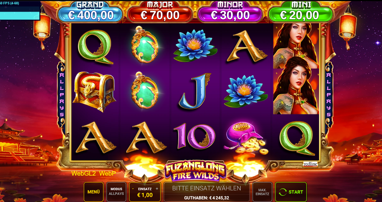 Fuzanglong-Fire-Wilds-Slot mit Lotusblumen, Amuletten, Truhe und Kartenwerten.