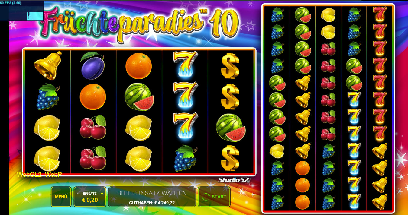 Fr&uuml;chteparadies-10-Slot  mit Fr&uuml;chten, Glocke, Dollarzeichen, blauen Siebenen.