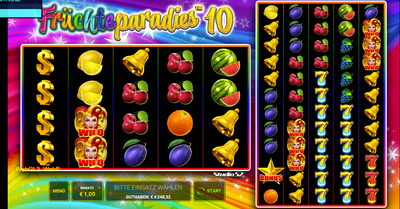 Fr&uuml;chteparadies-10-Slot mit Fr&uuml;chten, Glocken, Wild-Joker, Siebenen und Bonus.