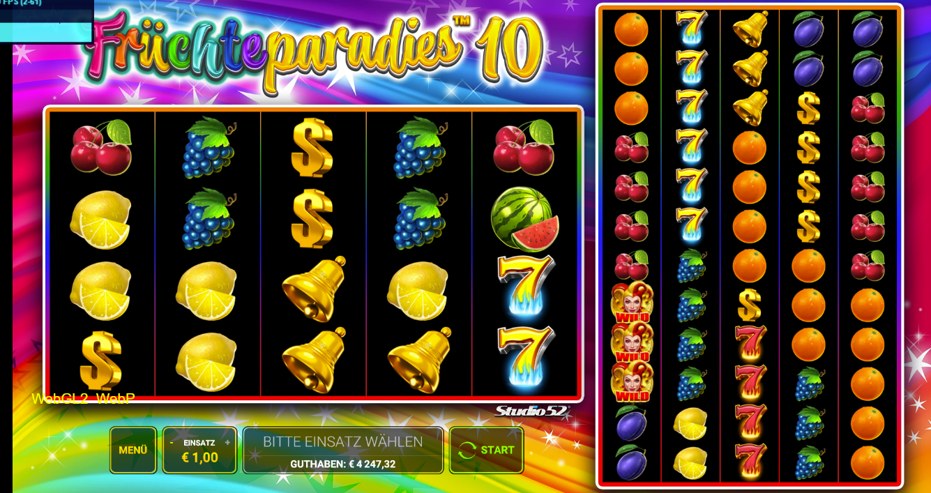 Fr&uuml;chteparadies-10-Slot mit Fr&uuml;chten, Dollarzeichen, Glocken und blauen Siebenen.