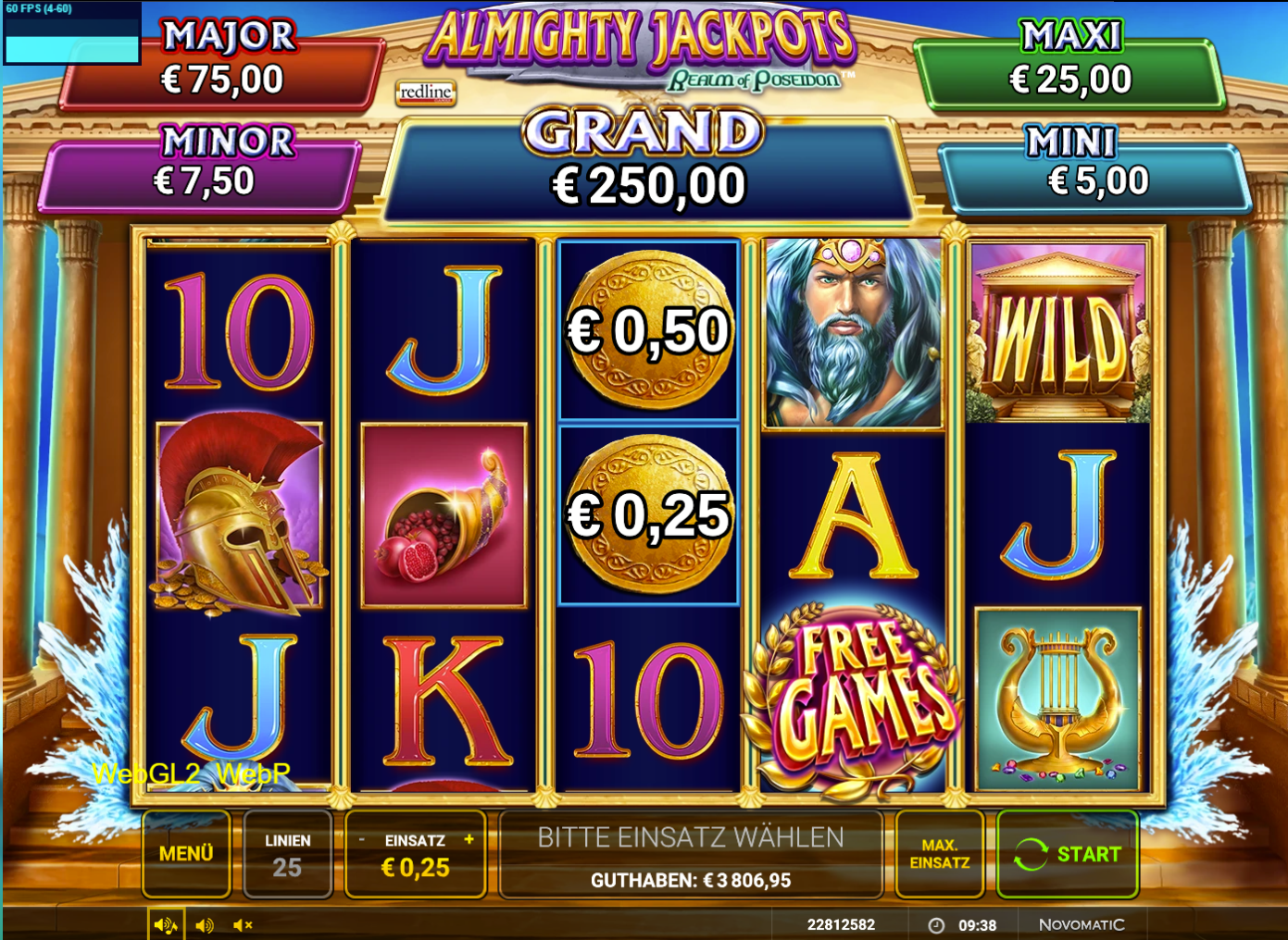 Almighty-Jackpots-Realm-of-Poseidon-Slot mit WILD‑Tempel, Poseidon, Goldm&uuml;nzen und Freispielen.