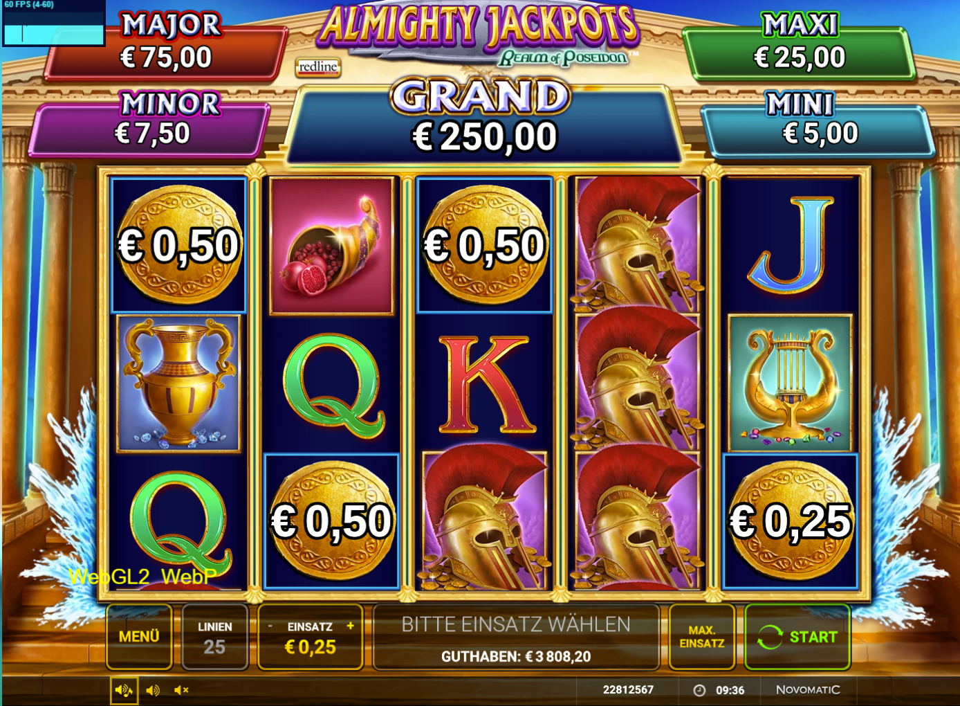 Almighty-Jackpots-Realm-of-Poseidon-Slot mit Goldm&uuml;nzen, Helm, Amphore und Leier.