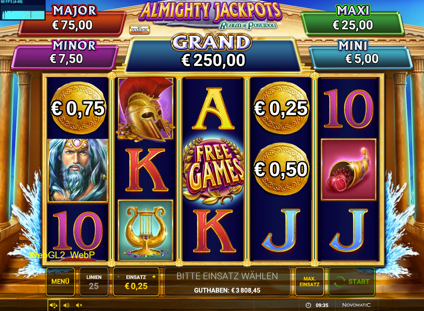 Almighty-Jackpots-Realm-of-Poseidon-Slot mit Poseidon, Goldm&uuml;nzen und Freispiele‑Symbol.