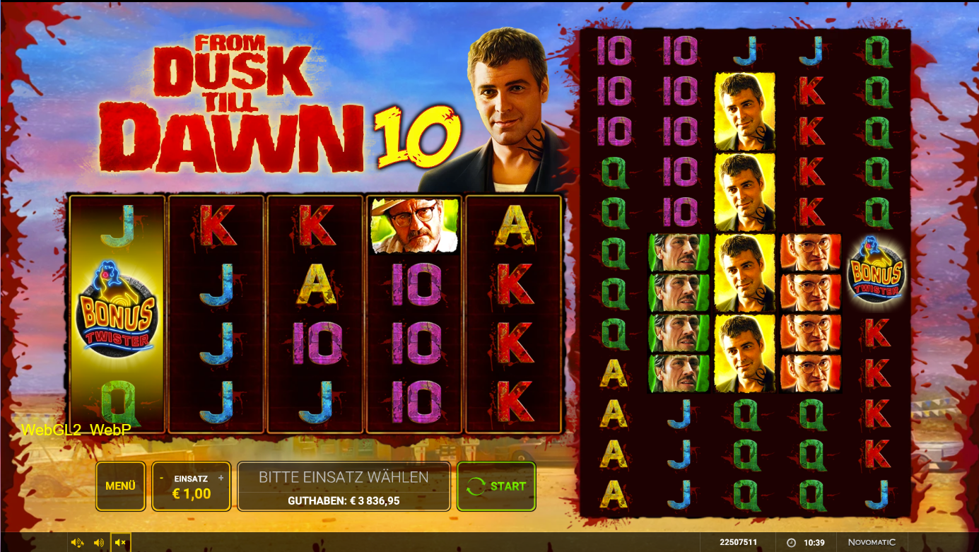 From-Dusk-Till-Dawn-10-Slot mit Bonus Twister, Figurenportr&auml;ts und A‑K‑Q‑J‑10.