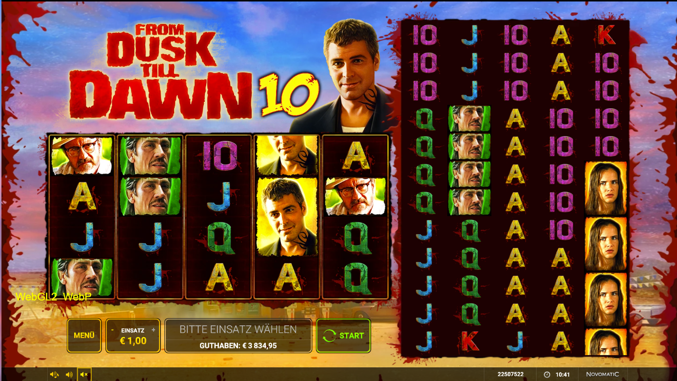 From-Dusk-Till-Dawn-10-Slot mit Figurenportr&auml;ts, gestapelten Symbolen und A‑K‑Q‑J‑10.