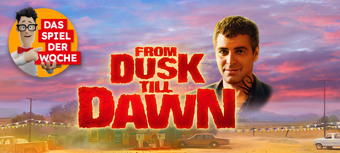 Banner zum Slot &bdquo;From Dusk Till Dawn&ldquo; mit Figur aus dem Film und rotem Logo.