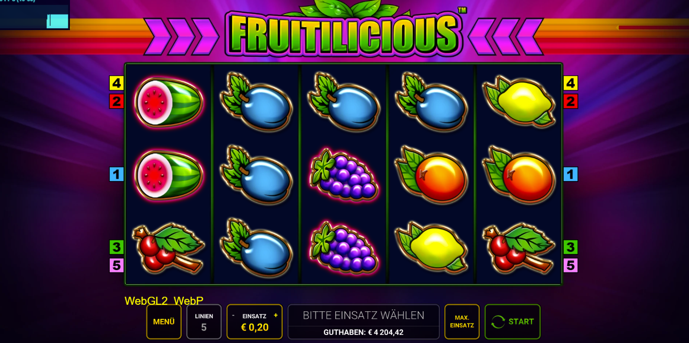 Fruitilicious-Slot mit Melonen, Pflaumen, Zitronen, Kirschen, Trauben und Orangen.