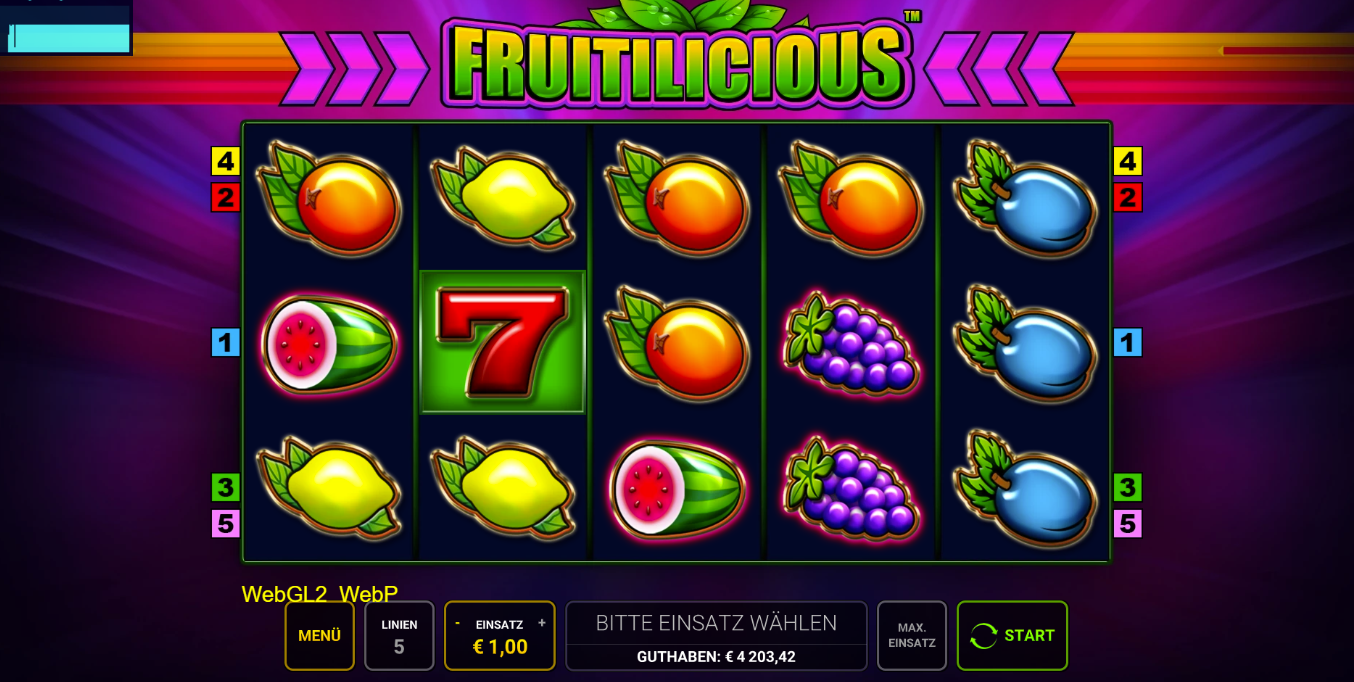 Fruitilicious-Slot mit Orangen, Zitronen, Melonen, Trauben, Pflaumen und roter Sieben.