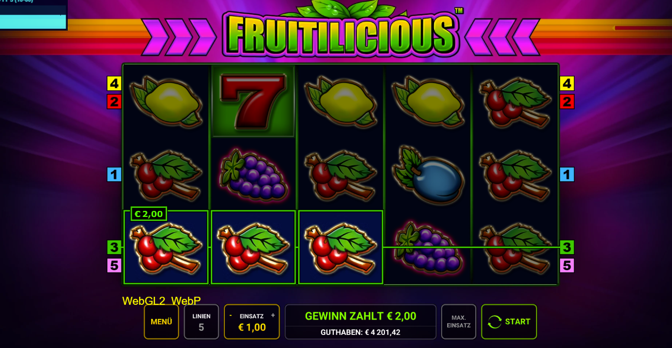 Fruitilicious-Slot mit roter Sieben, Zitronen, Trauben, Pflaume und mehreren Kirschsymbolen.