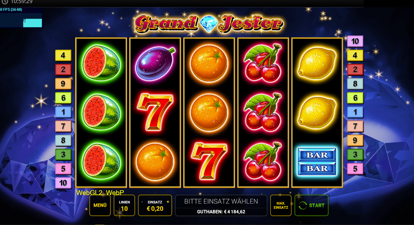 Grand-Jester-Slot mit Fr&uuml;chten, roten Siebenen, BAR-Symbol und Walzen.