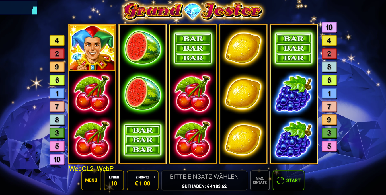 Grand-Jester-Slot mit Joker-Wild, Fr&uuml;chten und BAR-Symbolen.