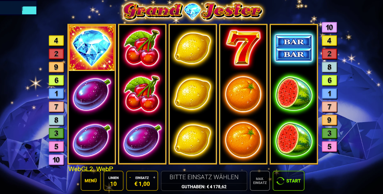 Grand-Jester-Slot mit Diamant, Fr&uuml;chten, roter Sieben und BAR-Symbol .