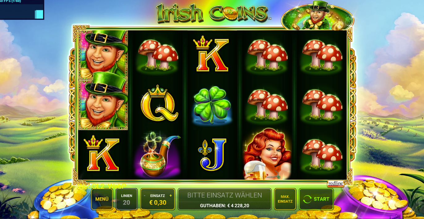 Irish‑Coins‑Slot mit Kleebl&auml;ttern, Pilzen, Goldtopf und Karten&shy;symbolen.