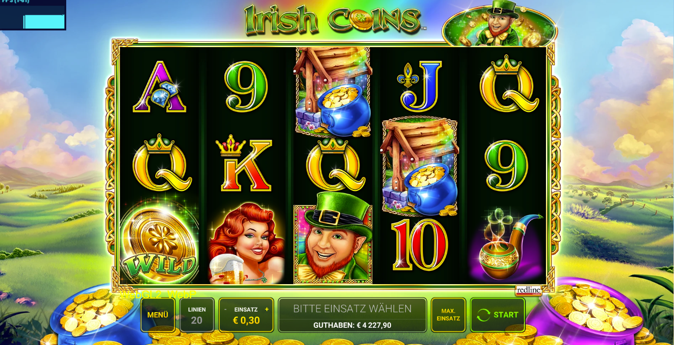 Irish‑Coins‑Slot mit Goldtopf, Hufeisen, H&uuml;tte und bunten Karten&shy;symbolen.