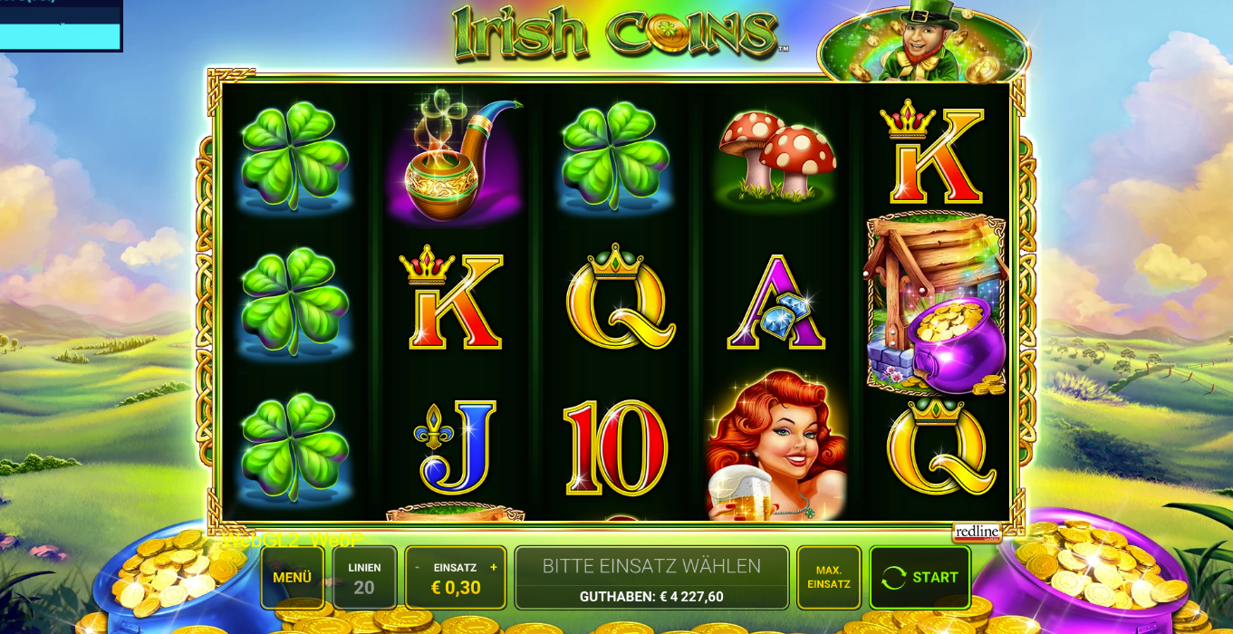 Irish‑Coins‑Slot mit Kleebl&auml;ttern, Pilzen, Goldtopf und Karten&shy;symbolen.