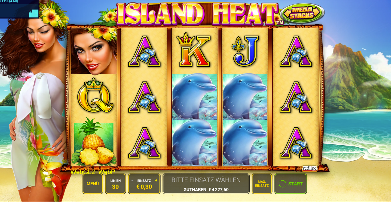 Island-Heat-Slot mit Delfinen, Ananas, Kartensymbolen und tropischem Hintergrund.