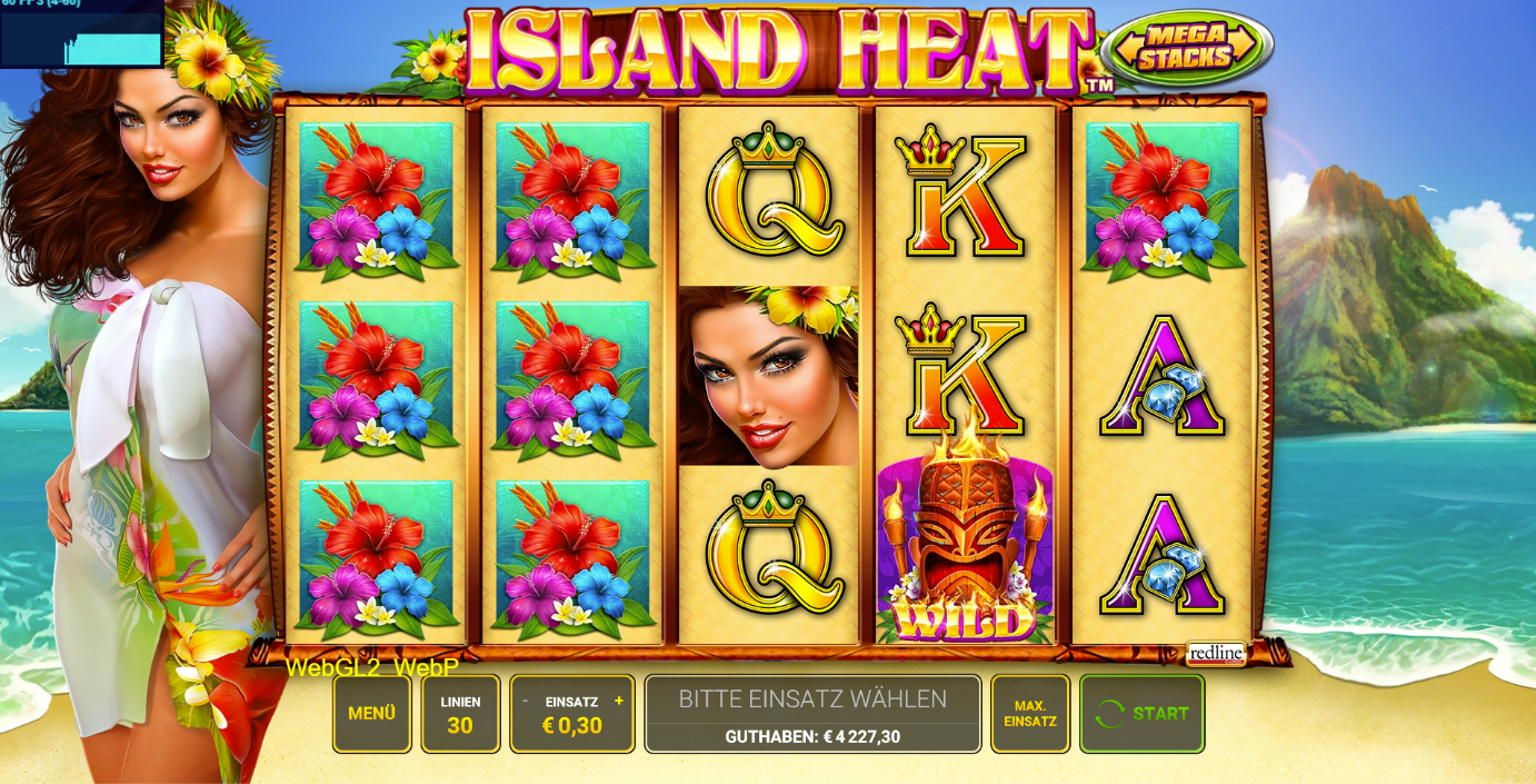 Island-Heat-Slot mit Bl&uuml;ten, Q‑ und K‑Symbolen sowie Wild‑Maske auf tropischem Hintergrund.