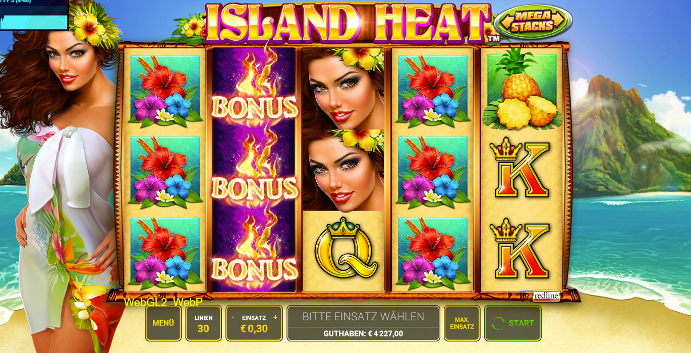 Island-Heat-Slot mit Bonus‑Feuerwalzen, Bl&uuml;ten, Q‑Symbolen, K‑Symbolen und Ananas.