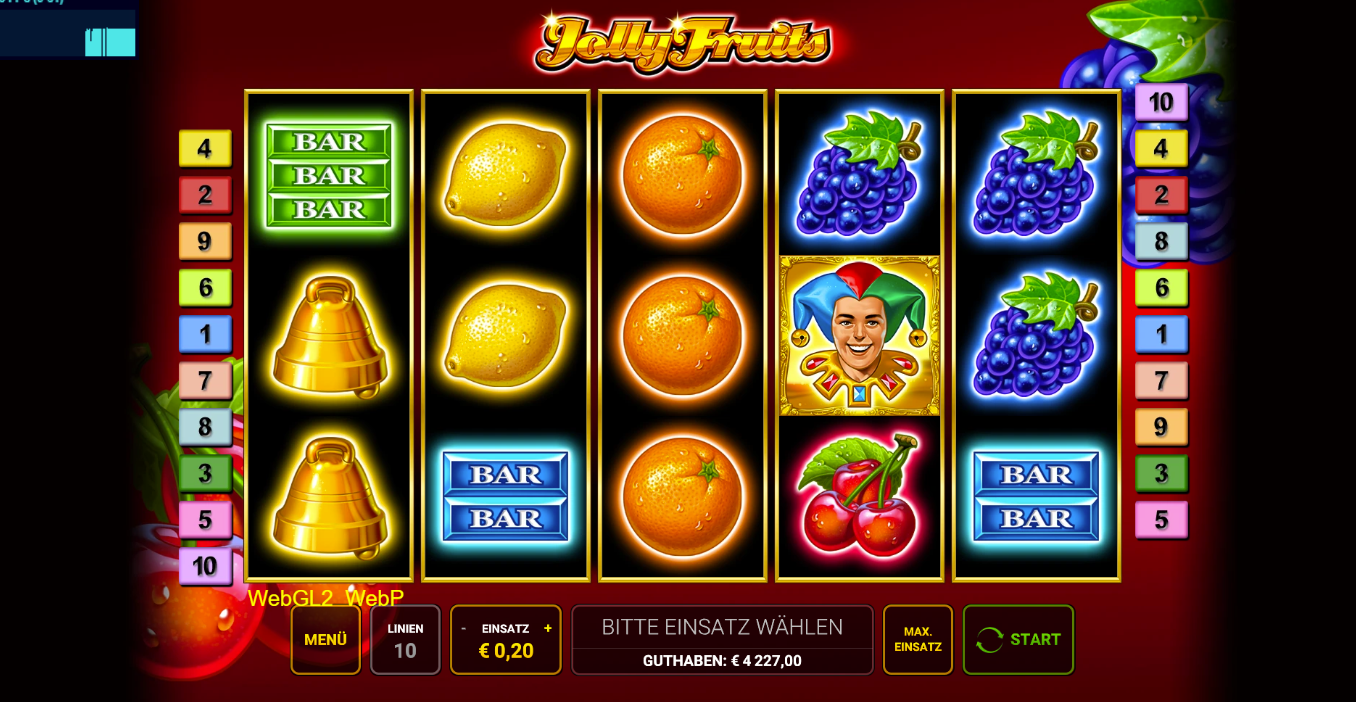 Jolly-Fruits-Slot  mit BAR‑Symbolen, Orangen, Glocken, Trauben und Kirschen.