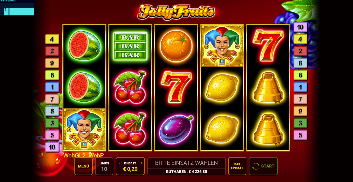 Jolly-Fruits-Slot mit Wassermelonen, BAR, Siebenen, Kirschen, Pflaumen und Joker‑Wild.