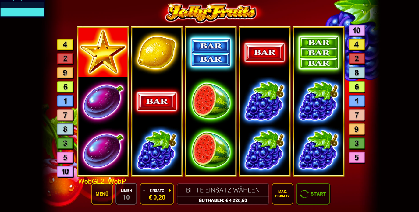 Jolly-Fruits-Slot mit Stern, Zitrone, BAR‑Symbolen, Pflaumen, Trauben und Wassermelonen.