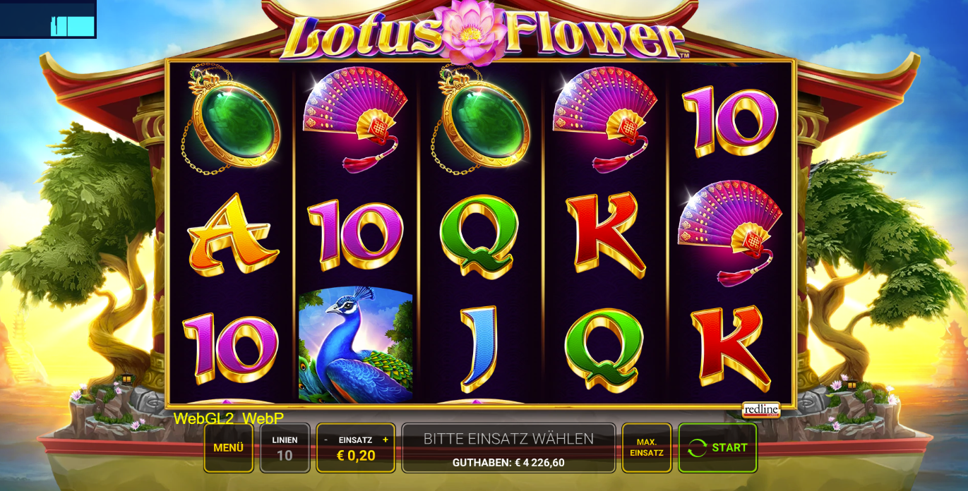 Lotus-Flower-Slot mit Pfau-, F&auml;cher-, Jade- und Karten&shy;symbolen auf Lotus-Flower-Walzen.