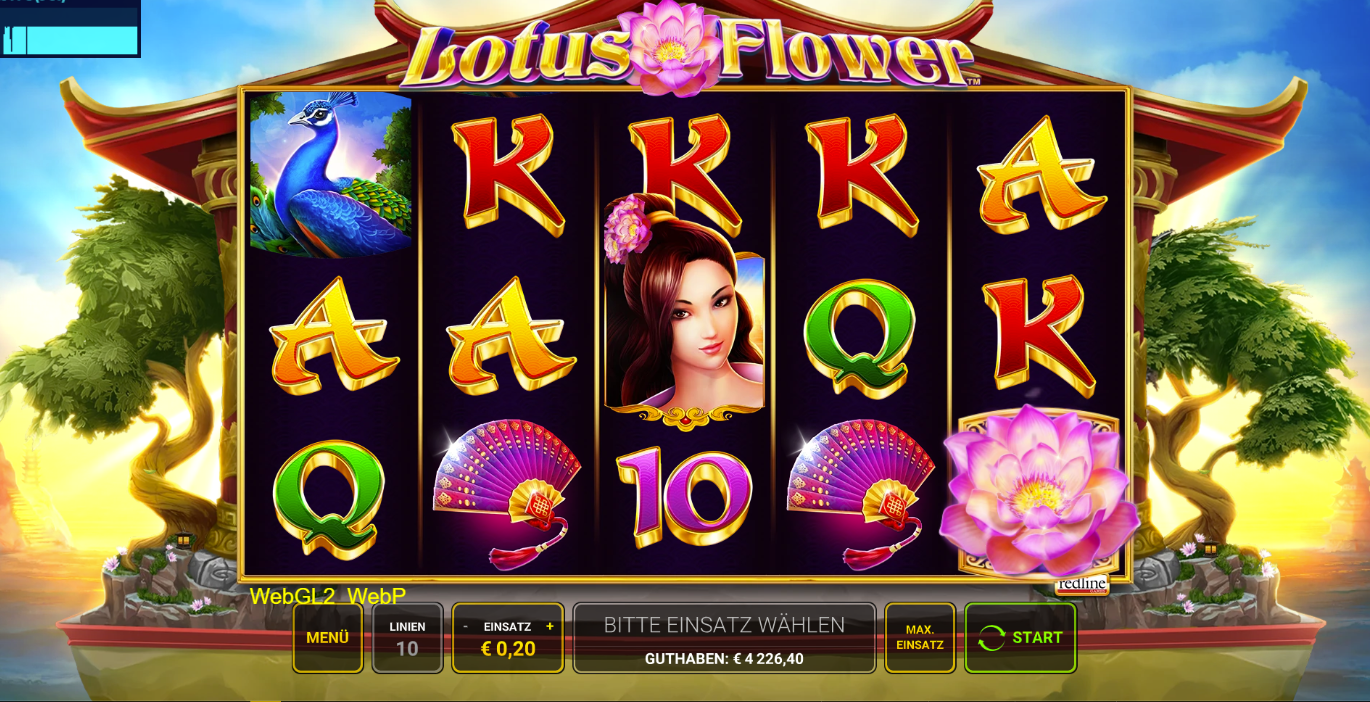 Lotus-Flower-Slot mit Lotus-, Pfau-, F&auml;cher-, Karten- und Figurensymbolen auf Walzen.