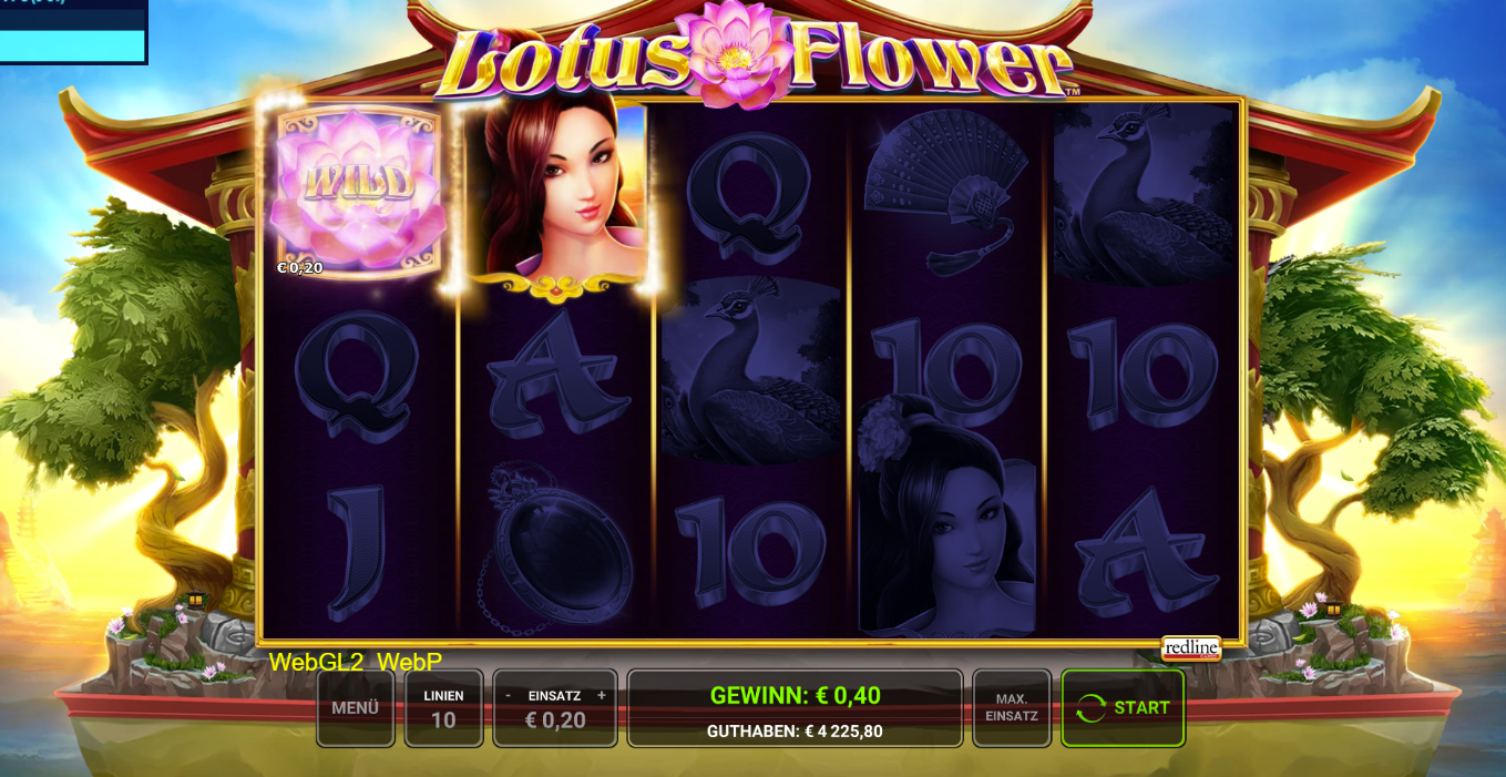 Lotus-Flower-Slot mit Lotus‑Wild links neben einem Frauensymbol und dunklen Slot‑Walzen.