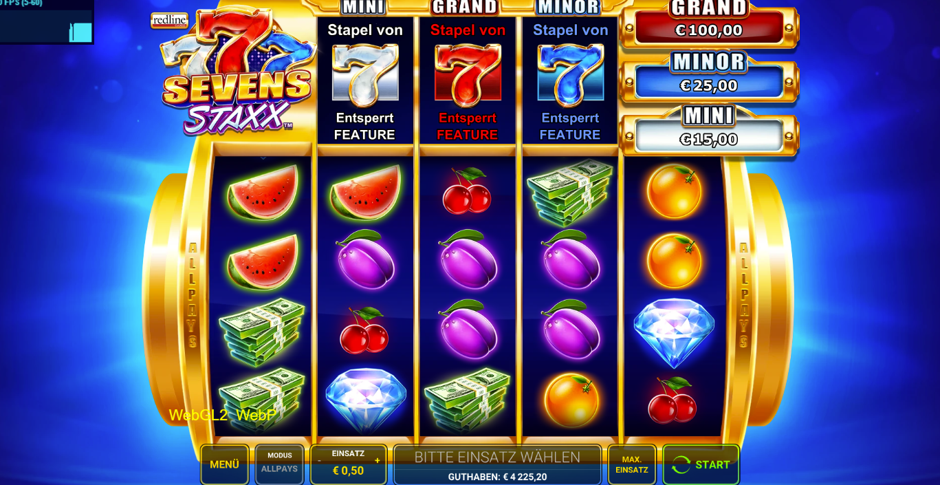 Sevens-Staxx-Slot mit Fr&uuml;chten, Diamant, Geldb&uuml;ndeln und Sieben‑Symbolen auf f&uuml;nf Walzen.