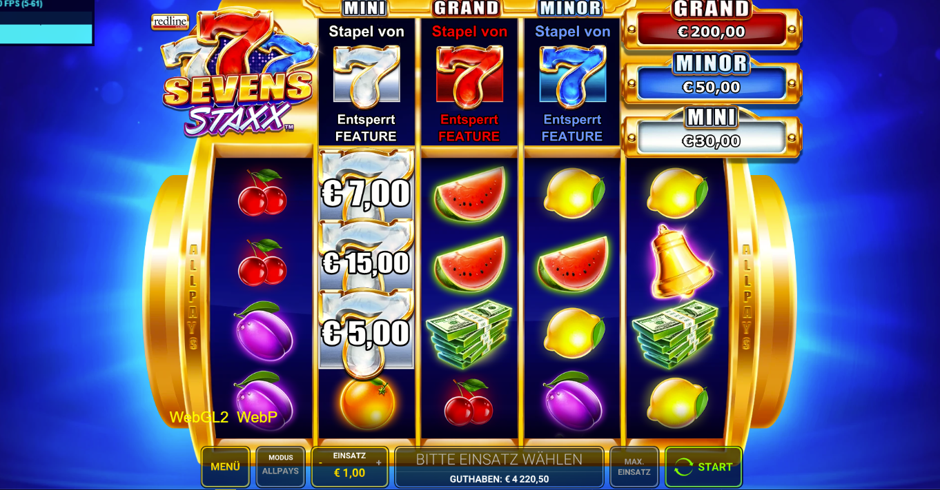 Sevens-Staxx-Slot mit Fr&uuml;chten, Glocke, Diamant, Geldb&uuml;ndeln und gestapelten Sieben‑Symbolen.