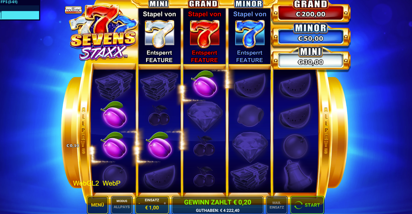 Sevens-Staxx-Slot mit Pflaumen-, Diamant-, Geld- und Sieben‑Symbolen auf dunklen Walzen.