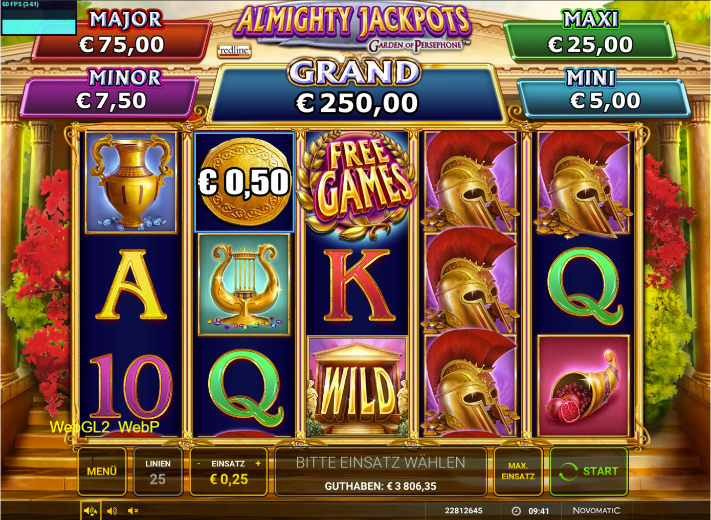 Almighty-Jackpots-Garden-of-Persephone-Slot mit WILD‑Tempel, Freispielen, Goldm&uuml;nzen und Helmen.