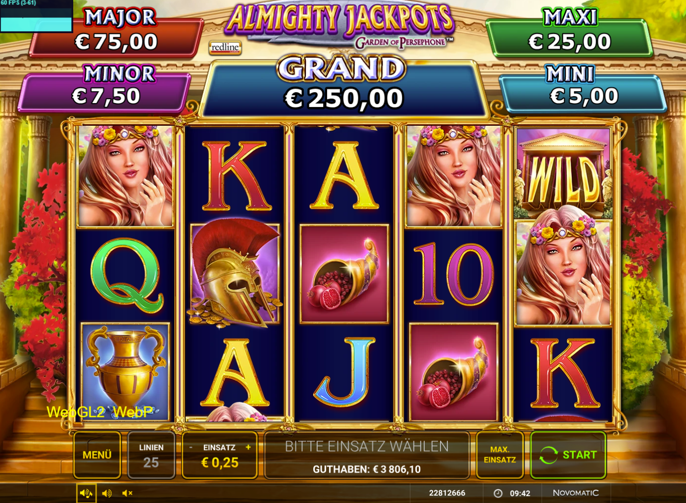 Almighty-Jackpots-Garden-of-Persephone-Slot mit Persephone, WILD‑Tempel, Helm und F&uuml;llhorn.