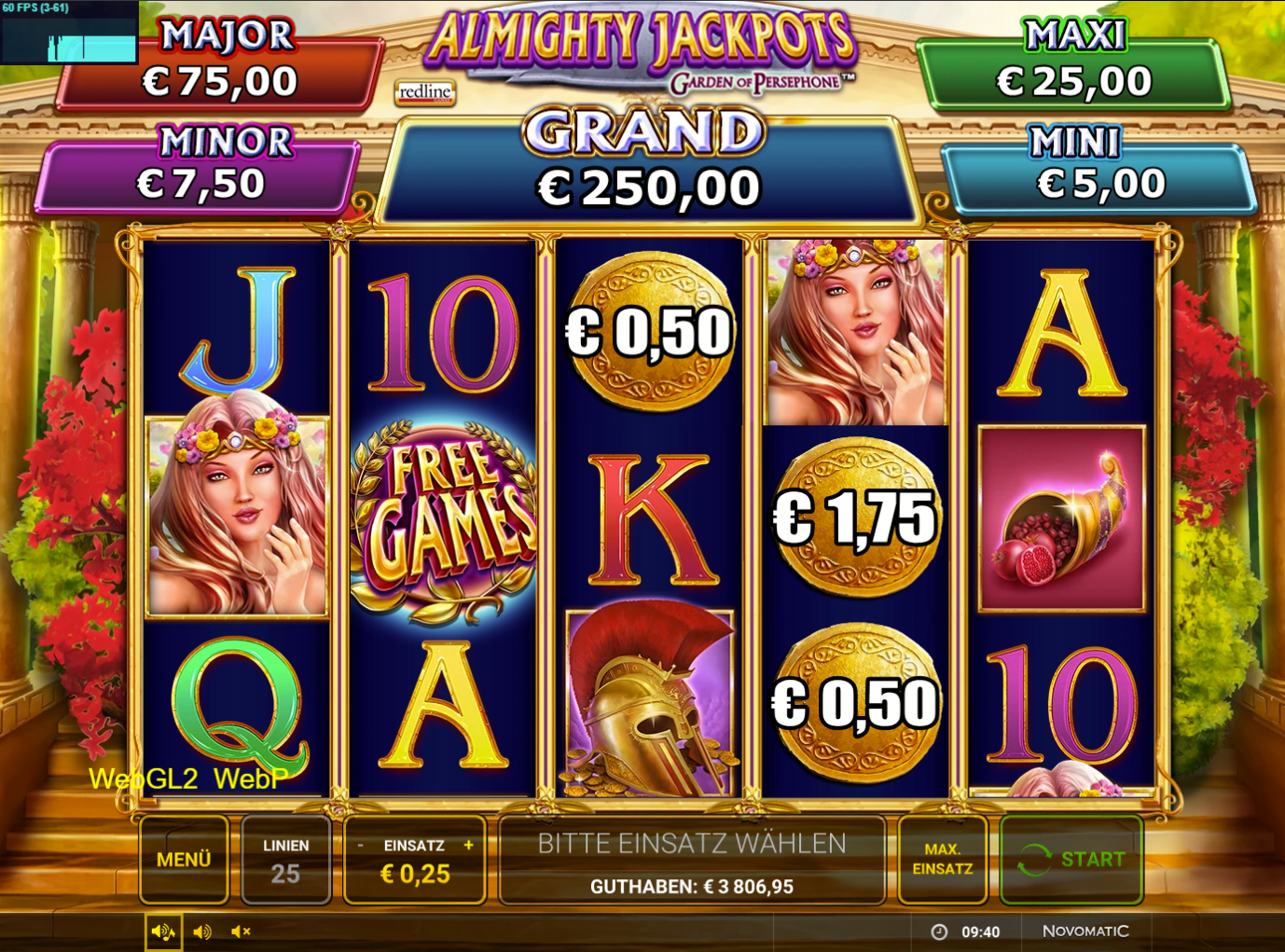 Almighty-Jackpots-Garden-of-Persephone-Slot mit Persephone, Goldm&uuml;nzen und Freispielen.