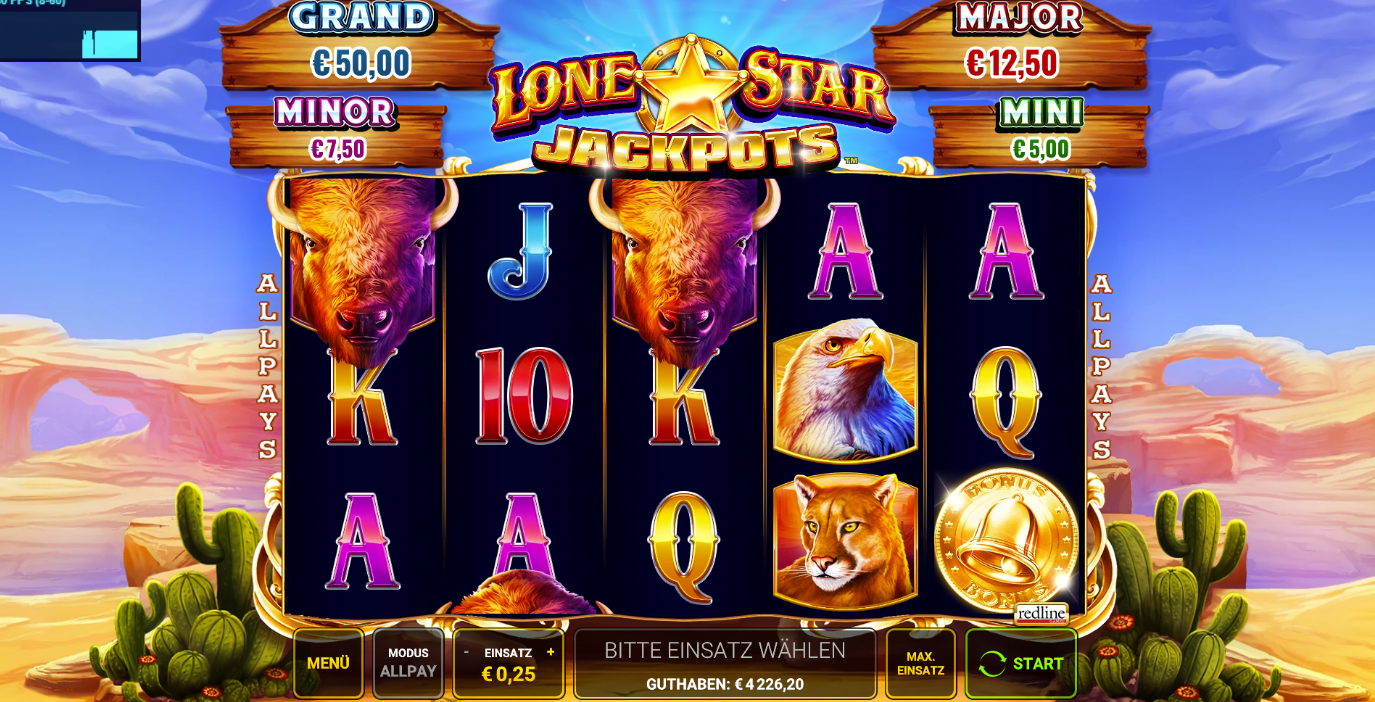 Lone-Star-Jackpots-Slot mit Bison-, Adler-, Raubkatzen- und Goldm&uuml;nzsymbolen im W&uuml;stenstil.