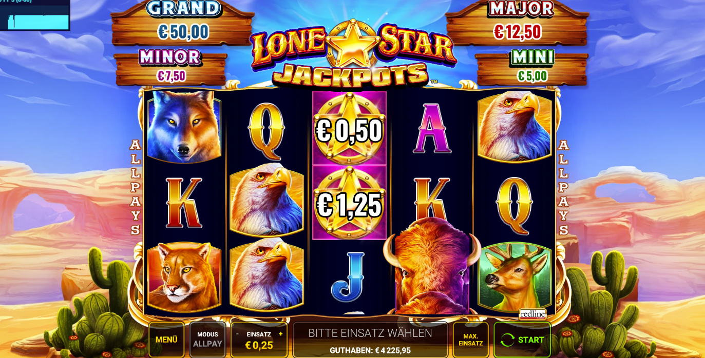 Lone-Star-Jackpots-Slot mit Wolf-, Adler-, Bison-, Hirsch- und Goldsternsymbolen im Westernstil.