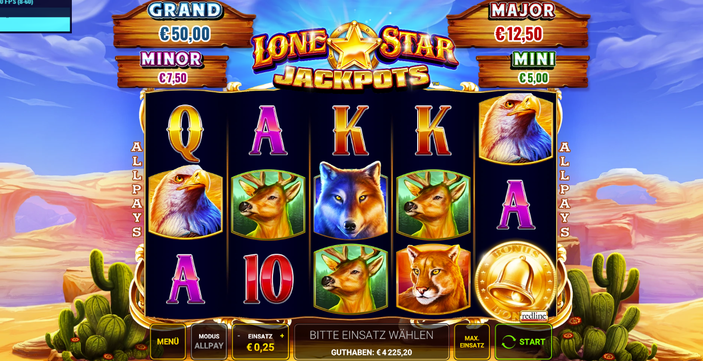 Lone-Star-Jackpots-Slot mit Wolf-, Adler-, Hirsch-, Bison- und Goldm&uuml;nzsymbolen im Westernstil.