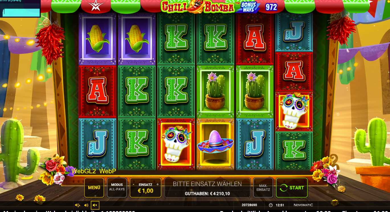 Chili-Bomba-Slot mit Mais, Kaktus, Sombrero, Zuckersch&auml;deln und Kartensymbolen.