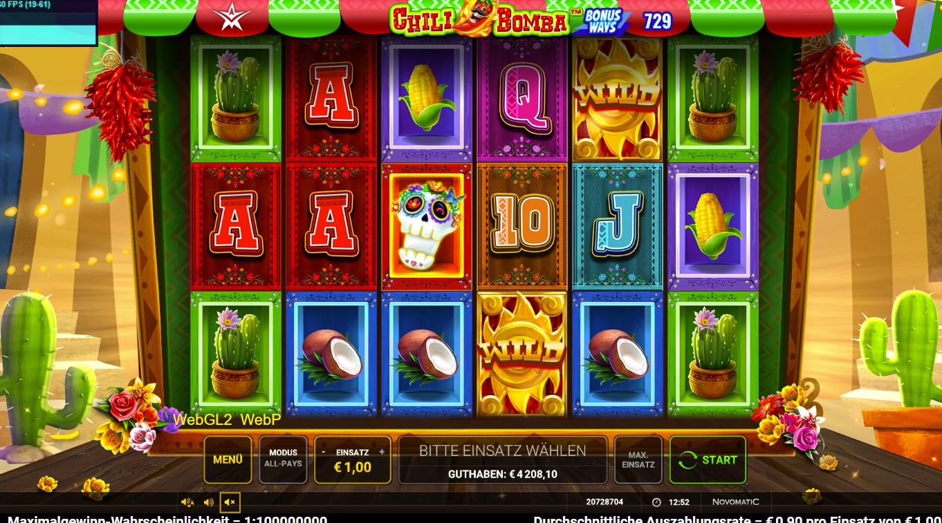 Chili-Bomba-Slot mit Mais, Kokosn&uuml;ssen, Kaktus, Zuckersch&auml;deln und goldener Sonnen‑Wildsymbol.