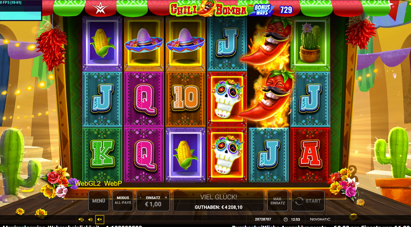 Chili-Bomba-Slot mit Chilis‑Wild, Zuckersch&auml;deln, Sombreros, Kaktus und Kartensymbolen.