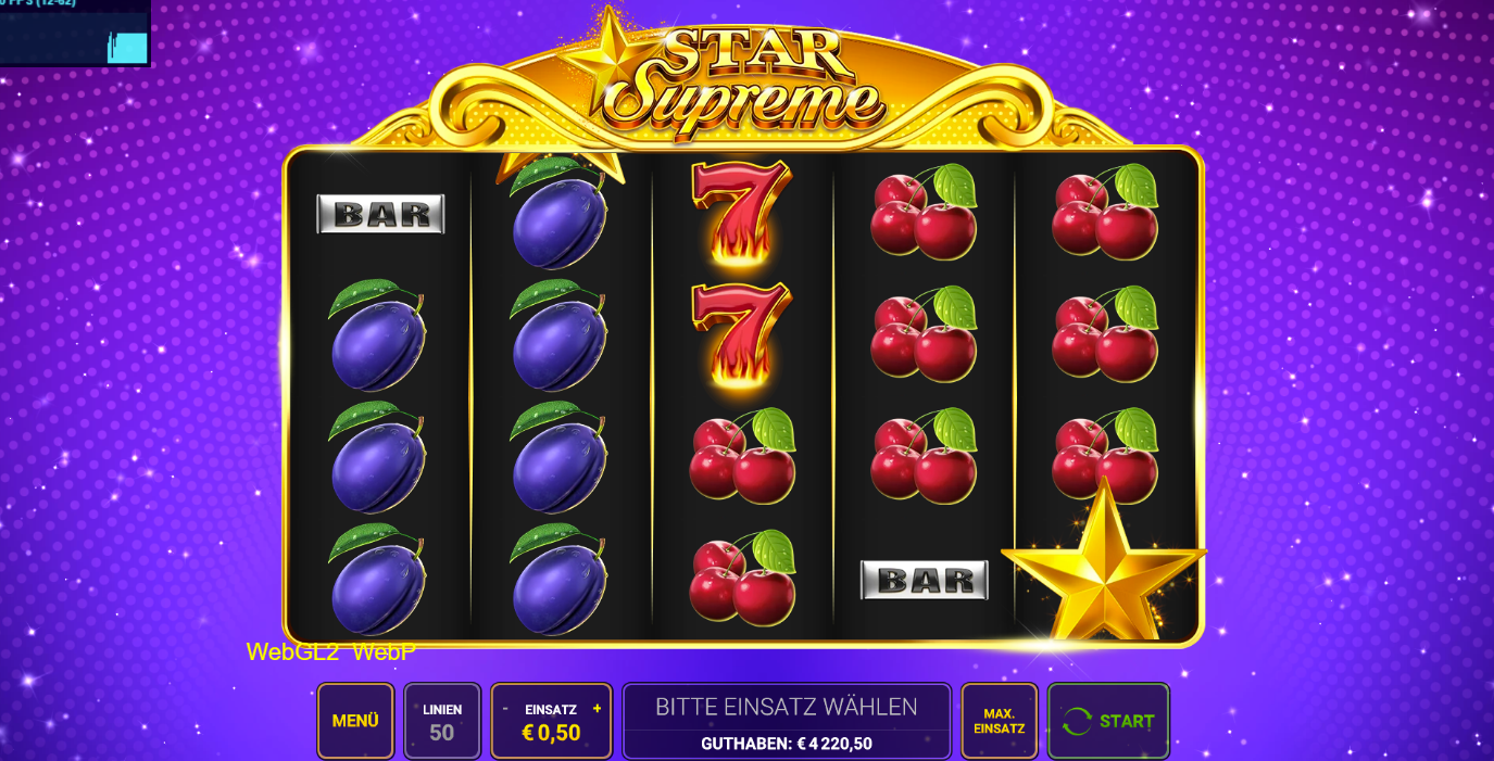 Star-Supreme-Slot mit Sieben-, Pflaumen-, Kirsch-, Bar- und Sternsymbolen auf dunklen Walzen.