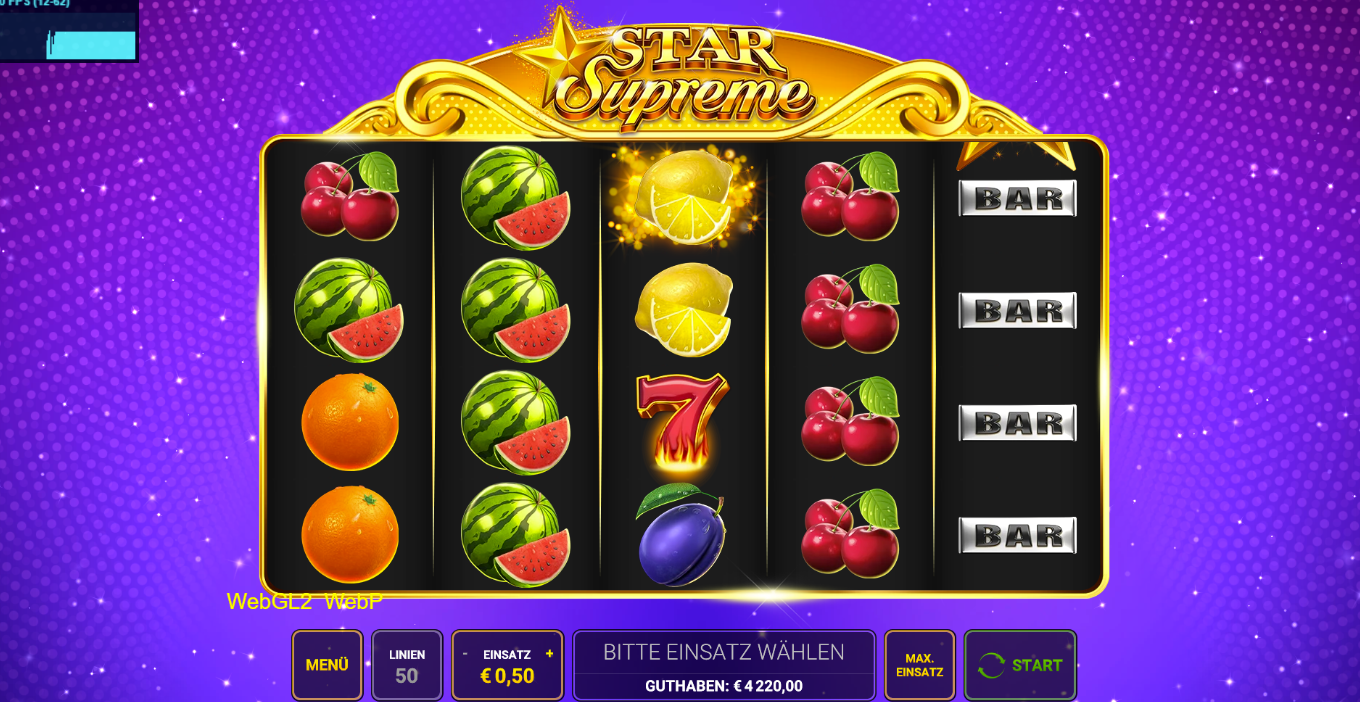 Star-Supreme-Slot mit Melonen-, Zitronen-, Kirsch-, Bar- und Flammen‑Sieben‑Symbolen.