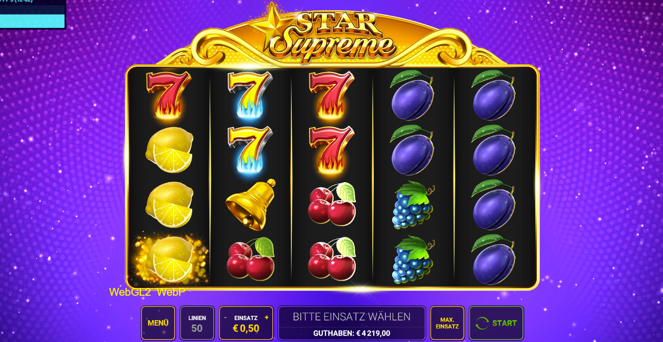 Star-Supreme-Slot mit roten und blauen Flammen‑Sieben sowie Zitronen-, Glocken- und Fruchtsymbolen.