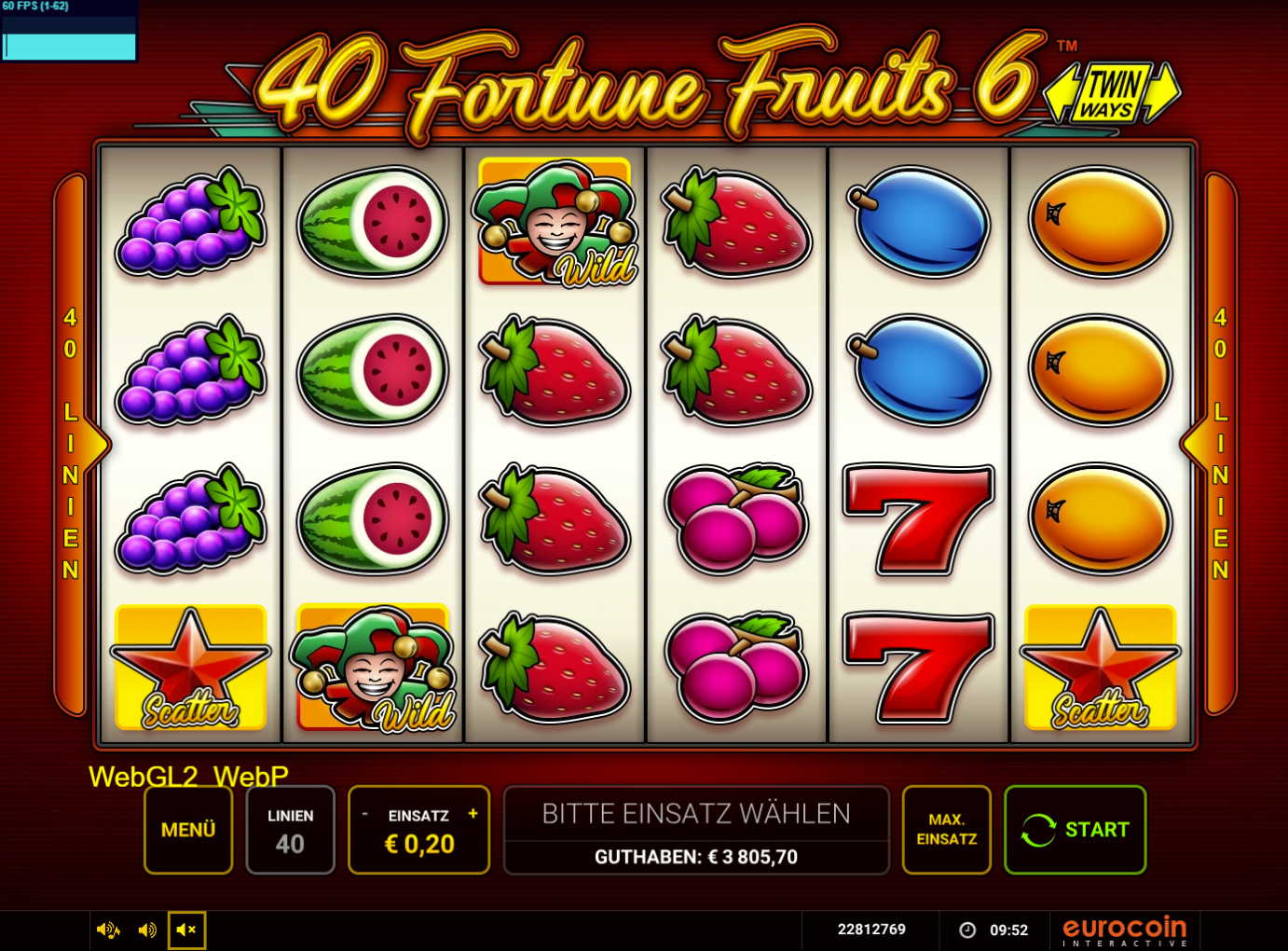 40-Fortune-Fruits-6-Slot mit Joker‑Wild, Stern‑Scattern, roten Siebenen und Fr&uuml;chten.