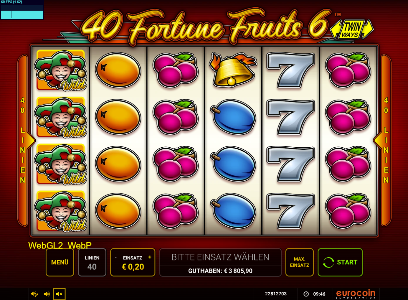 40-Fortune-Fruits-6-Slot mit Joker‑Wilds, silbernen Siebenen, Pflaumen und Glocke.