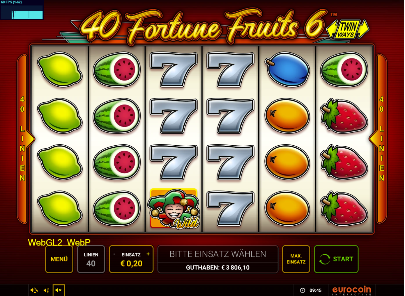 40-Fortune-Fruits-6-Slot mit Joker‑Wild, silbernen Siebenen, Melonen und Erdbeeren.
