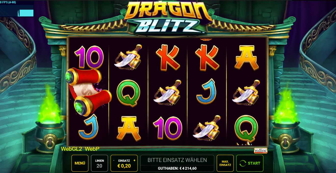 Dragon-Blitz-Slot mit Schriftrollen-, Dolch- und Karten&shy;symbolen in einem Drachen‑Tempel.